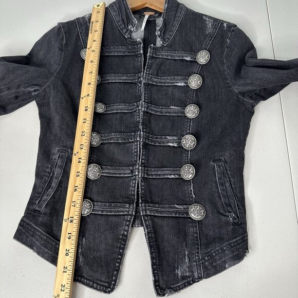 FREE PEOPLE Black Denim Jacket XS Military Distressed Fitted Boho - Picture 10 of 15